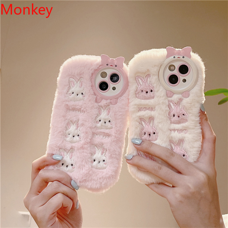 Fluffy plysj 3d søt kanin rosa telefondeksel til iphone 15 pro max deksler 14 12 11 pro max beskyttende mykt deksel til iphone 13 deksel