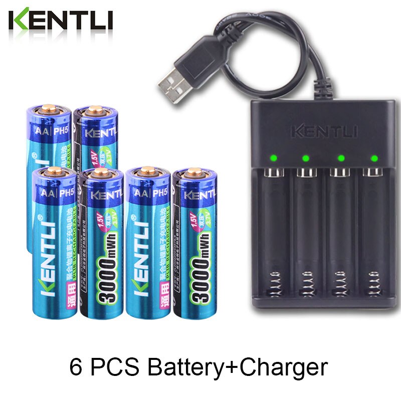 KENTLI AA 1.5V 3000mWh lithium li-ion rechargeable battery +4 Channel polymer lithium li-ion battery batteries charger: 6pcs