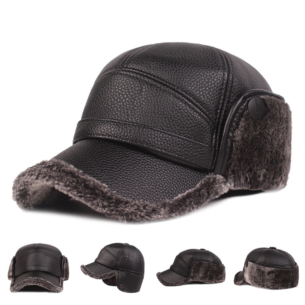 Winter Warme Männer Leder Ohr Klappe Schutz Dad Hüte Dicke Leder Hut Frühling Herbst Neue Einfachheit solid kappe