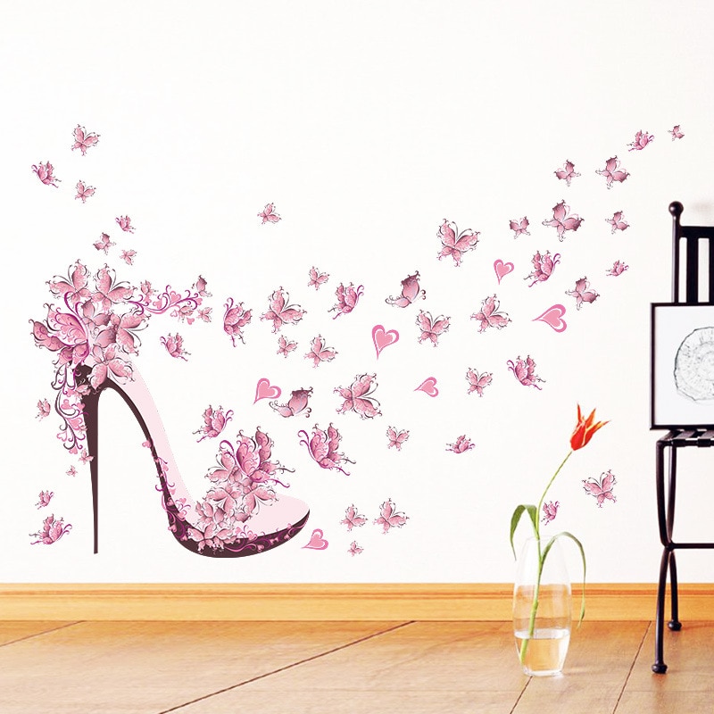 Roze vlinder hoge hakken muursticker voor woonkamer meisje kamer achtergrond decoraties Decals Muurschilderingen Stickers op de muur