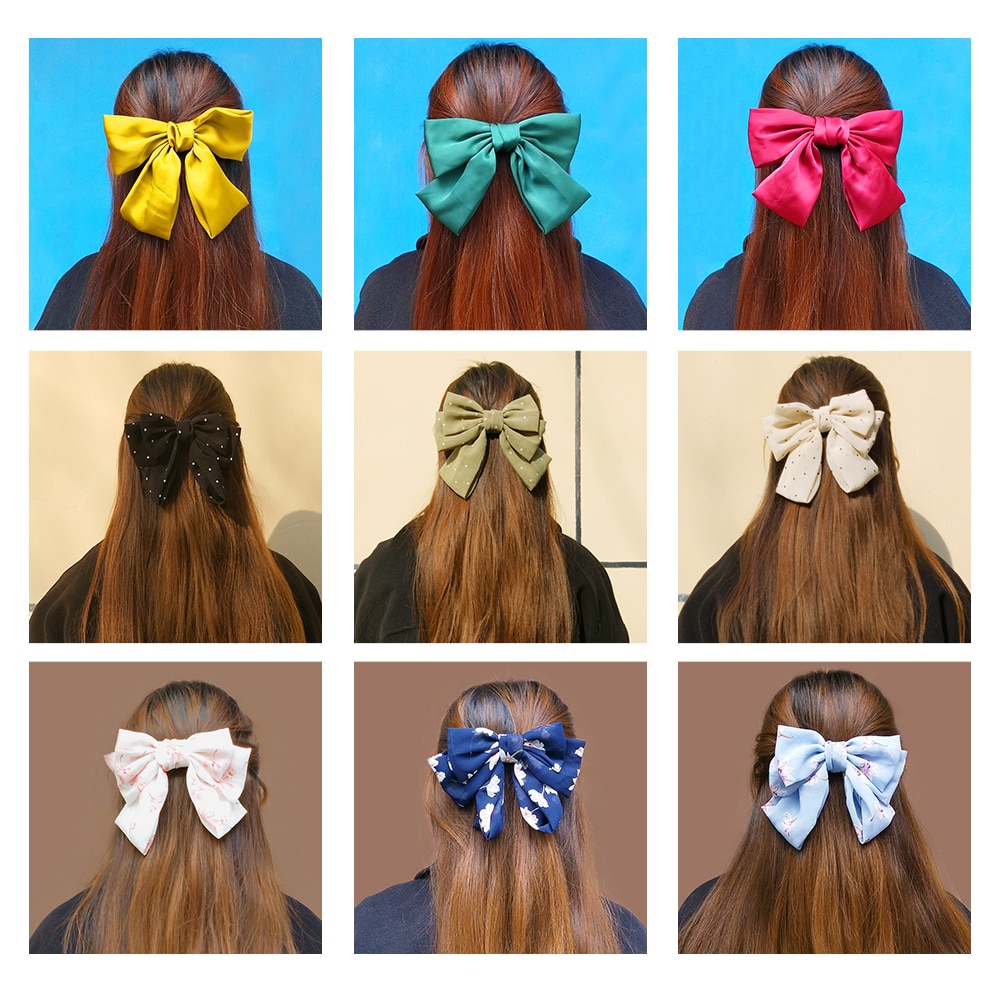 17 Colors Big Bow Clip Soft Stain Bowknot Barrettes Hairpins for Women Dot Flower Pattern Bow Ties Ponytail Hair Accessories