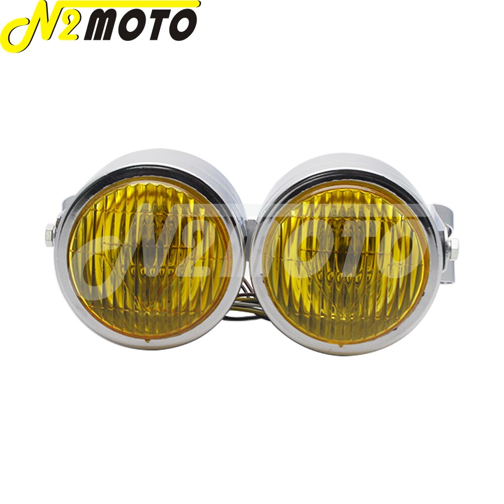 Chrome Amber Motorcycle Retro Twin Headlight Holder Fork Double Dual Head Lamp For Harley Dyna Bobber Chopper Cafe Racer Custom