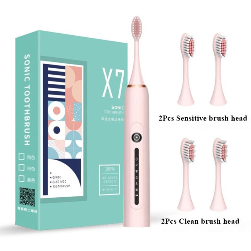 Sonic Toothbrush Smart Electric Tooth Brush Ultrasonic Automatic Toothbrush USB Fast Recharge IPX7 Waterproof for Adult X-7: pink 4 head