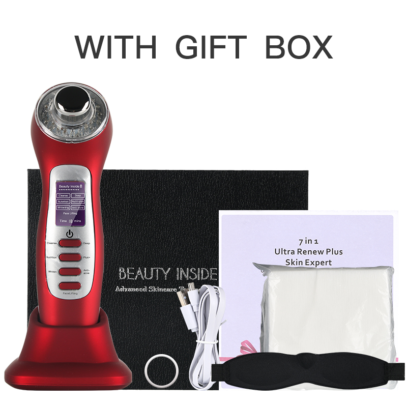 7 en 1 peau soins du visage ultrasons 3MHz galvanique LED bleu rouge lumière Photon Micro-courant ascenseur peau serrant la Machine de beauté: Red with box