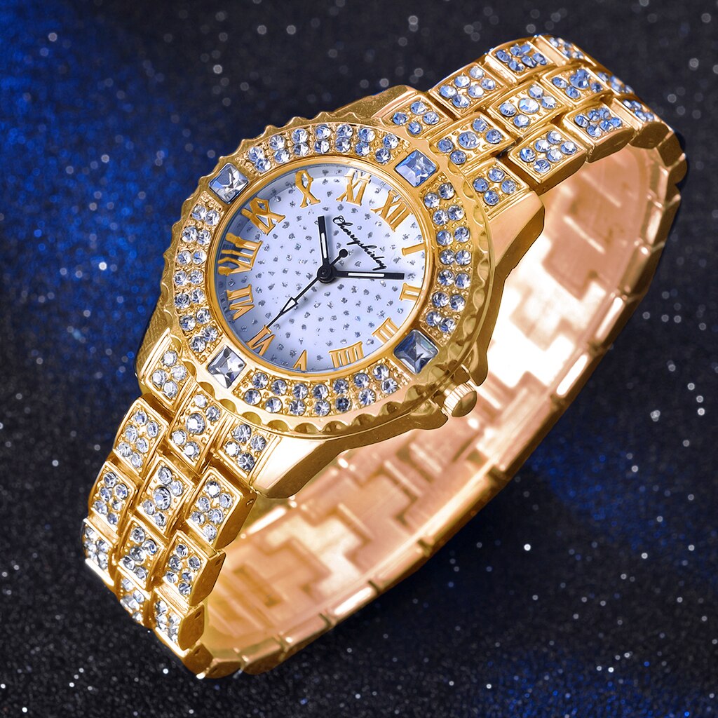 Women Gold Rhinestone Bracelet Watches Luxury Stainless Steel Waterproof Quartz Dress Wrist Watches Relogio Feminino