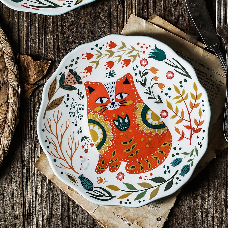 8inch Hand-painted Cat Dinner Plate Under-glazed Ceramic Dish Dessert Tray Flower Kitten Microwave Dinnerware YHJ021201