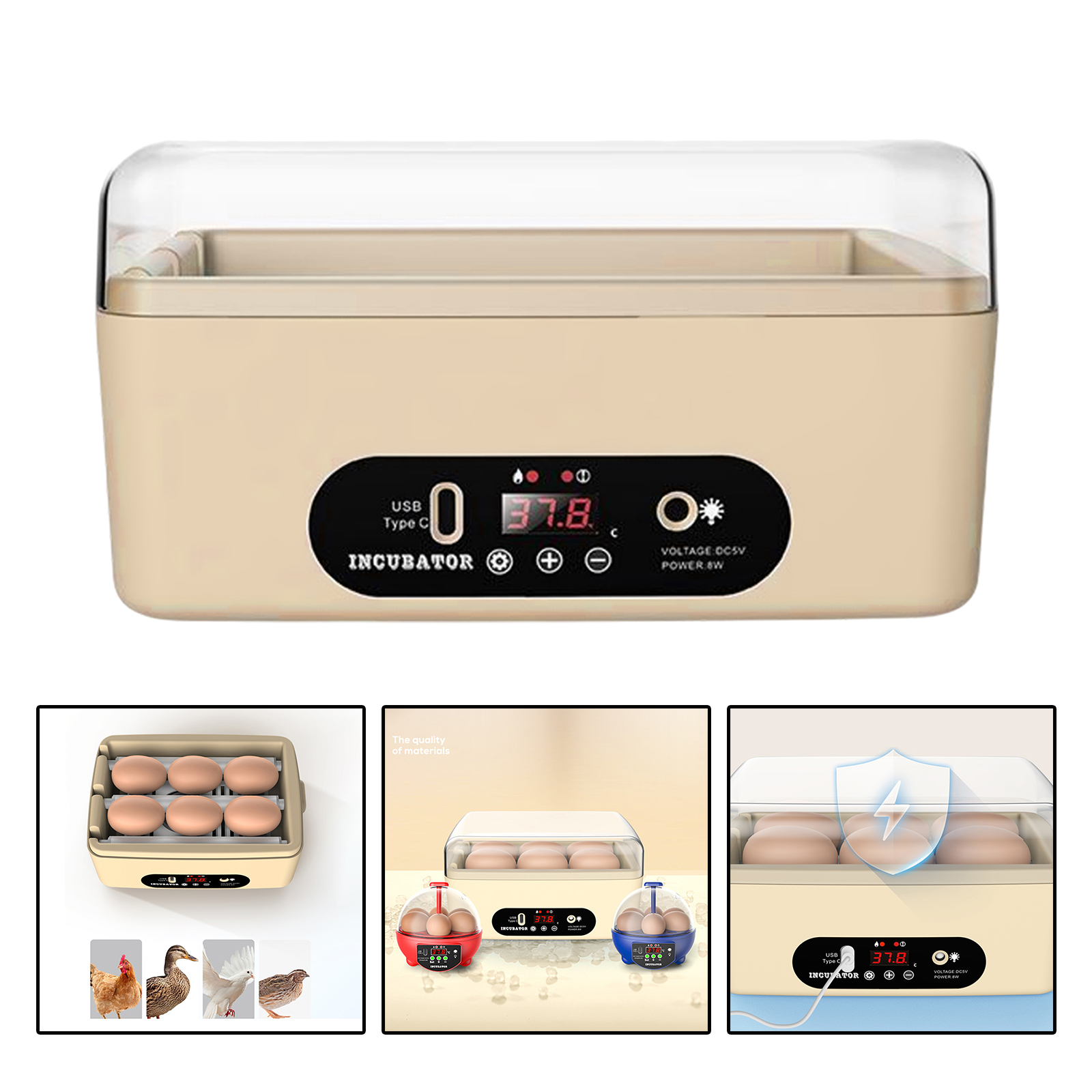 Mini incubadora Digital de 6 huevos para aves de corral, Control de temperatura, Candler de huevos para aves, Ganso, pollo, pato, codorniz, suministros: Oro