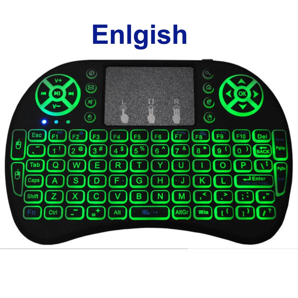 Yitukeji I8 Mini Wireless Keyboard Backlit English Russian French Spanish 2.4GHz Air Mouse Remote Touchpad for Android TV Box PC: English / AAA batteries