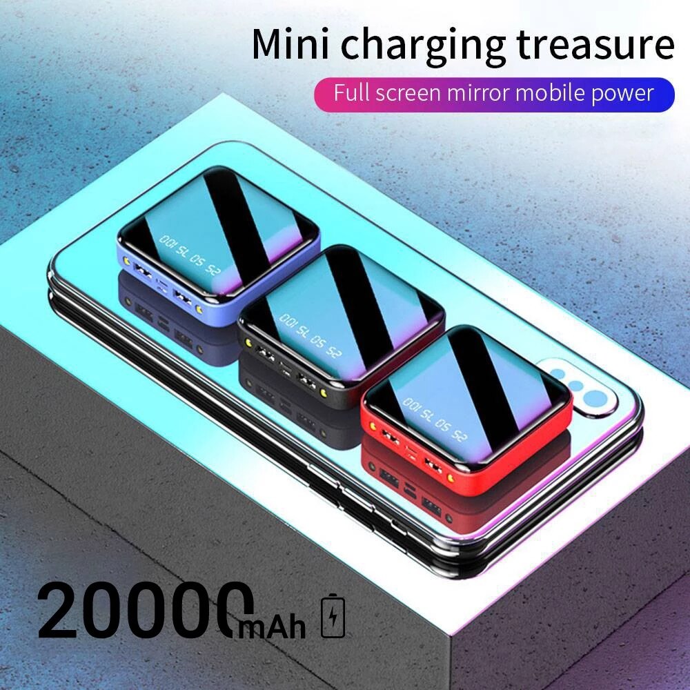 Powerbank 20000 mah, tragbar, ladegerät, powerbank für mobiltelefone, led-spiegel, rückseite, externer akku