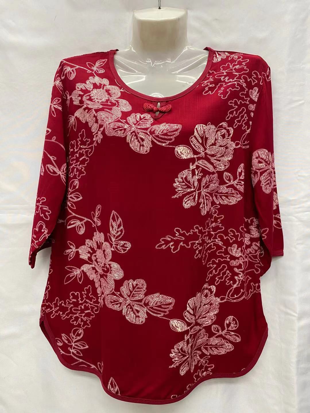 Katoen En Linnen Zomer Vrouwen Night T-shirt Moeder Drie-Kwart Mouwen Pyjama Tops Plus Size Losse gedrukt Roomewear: red2 / 5XL