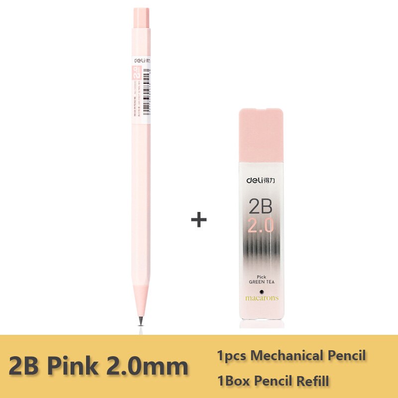 Deli Mechanical Pencil 2.0mm lead HB 2B Drawing Writing Activity Pencils led pencils for school With lead pencil knife: 2B Pink