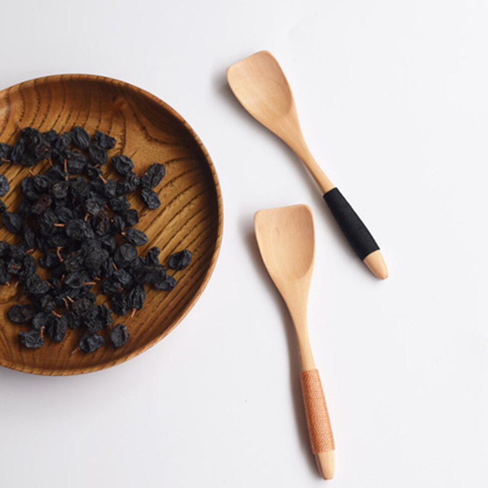 2 stuks japanse houten ijslepels, kleine dessertlepel met een vastgeknoopt lijntje op het handvat, kinderservies van massief hout