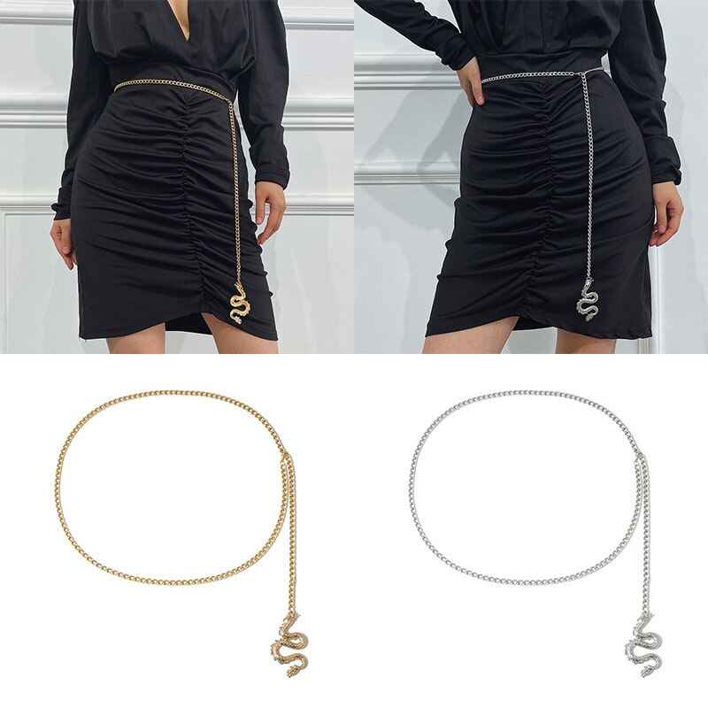 Cinturón de cadena dorado y plateado para mujer y hombre, cinturón de pantalones finos, cinturón de Hip Hop geométrico de dragón, cinturón de cintura,