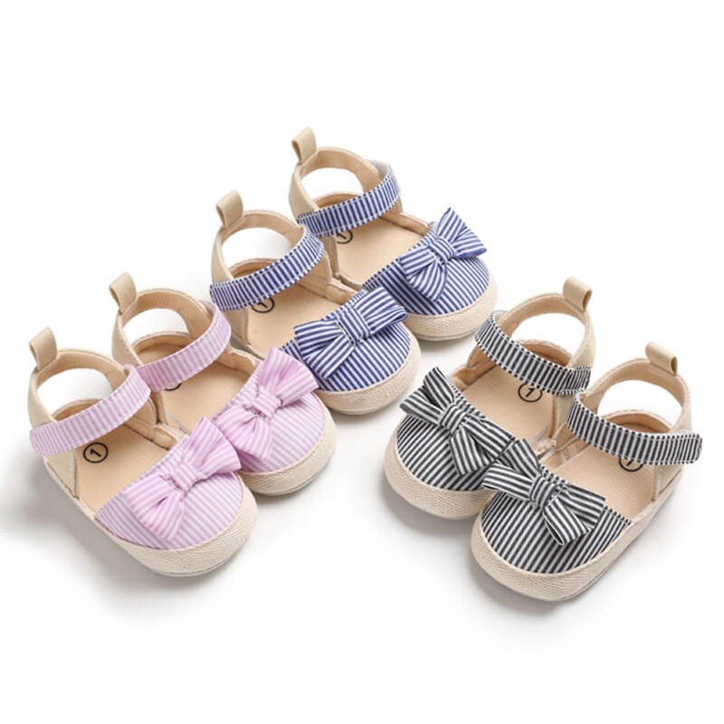 Summer Baby Girl Sandals Cotton Canvas Striped Bow Baby Girl Princess Shoes Newborn Baby Shoes Beach Sandals