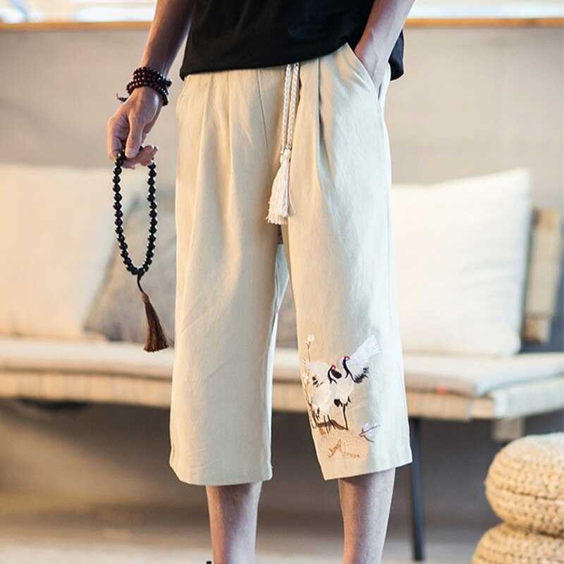 Zomer linnen broek mannen off wit linnen broek heren elastische taille wijde pijpen broek chinese mannelijke kleding M-5XL TA302