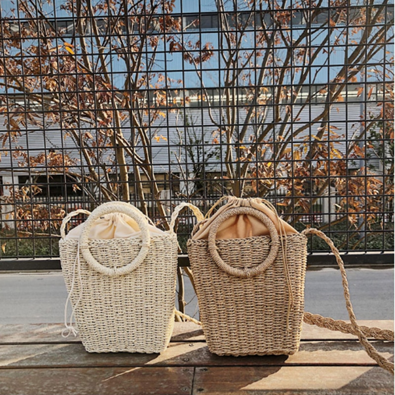 Vintage Women Hand-Woven Rattan Bag Straw Purse Wicker Crossbody Ladies Beach Tote Casual Bag