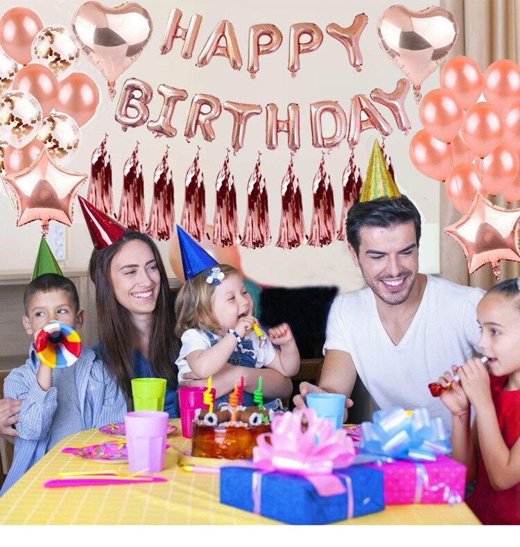 16 Inch Rose Gold Balloon Bbirthday Balloon Set Happy Birthday Letter Aluminum Film Balloon Tassel Rose Gold Sequined Balloon