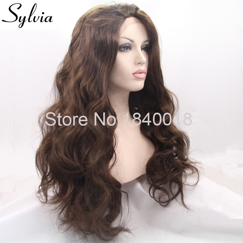 Silvia 6 # Natural castaño oscuro cuerpo ondulado sintético encaje frontal pelucas café marrón sin pegamento resistente al calor pelo de fibra para mujer