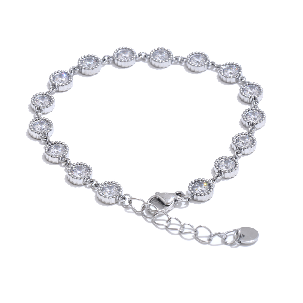 Yhpup delicate roestvrijstalen glanzende ronde ketting armband met zirkonia steentjes, armband oorbellen, temperamentvolle sieraden: Goudkleurig