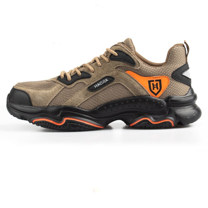 Men's steel-toed work boots safety shoes casual breathable outdoor shoes anti-puncture and comfortable industrial boots: Khaki / 40
