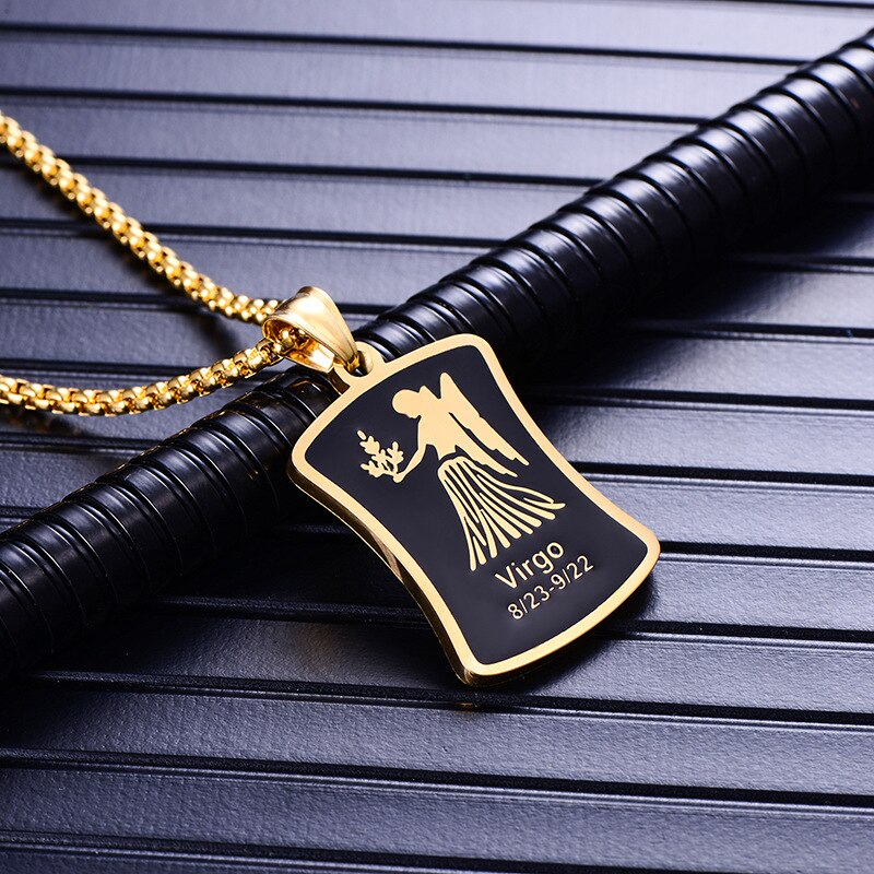 Zodiac sign 12 constellation pendant men necklace stainless steel male accessories gold simple silver necklace chain Square card: L gold