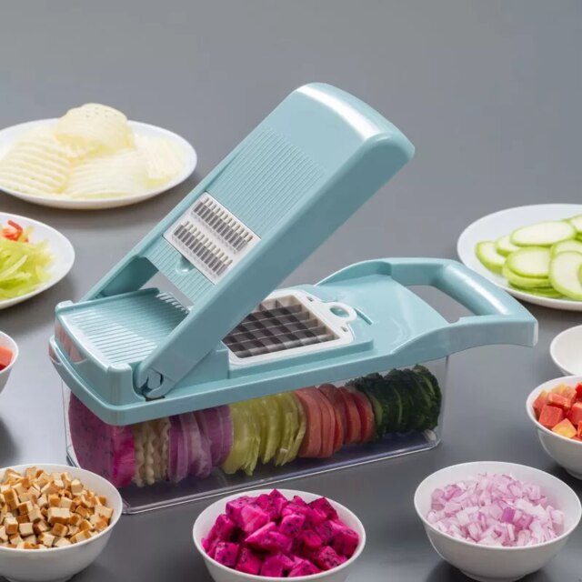 Cortador de vegetais multifuncional, ralador, fatiador de frutas, cesta de drenagem, 8 em 1, acessórios de cozinha, utensílios, imperdível: Azul