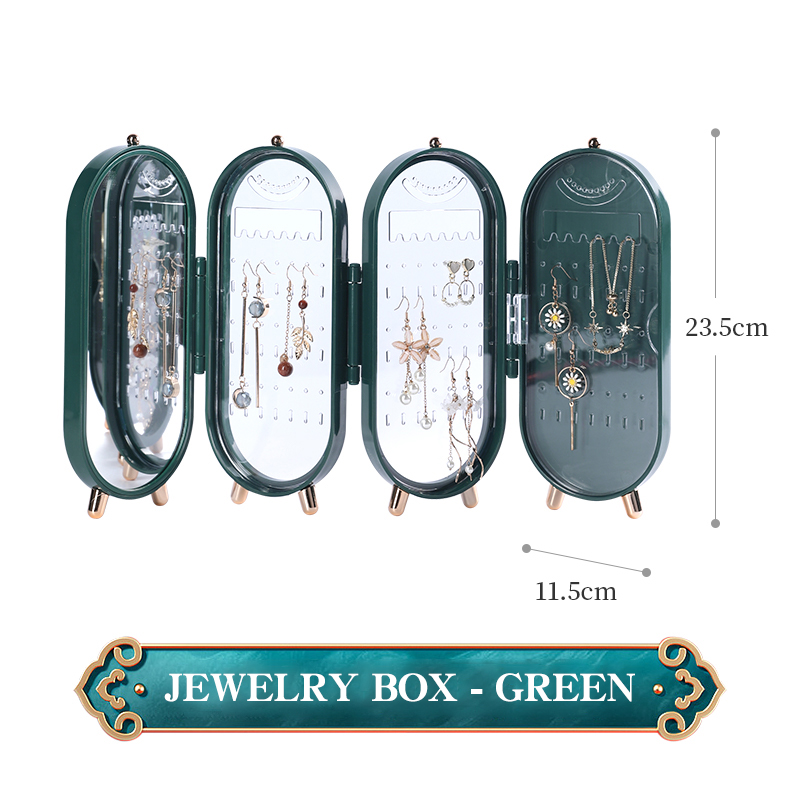 Foldable Jewelry Storage Box Household Earrings Necklace Display Stand High Capacity Luxury Retro Screen Jewelry Organizer Case: green