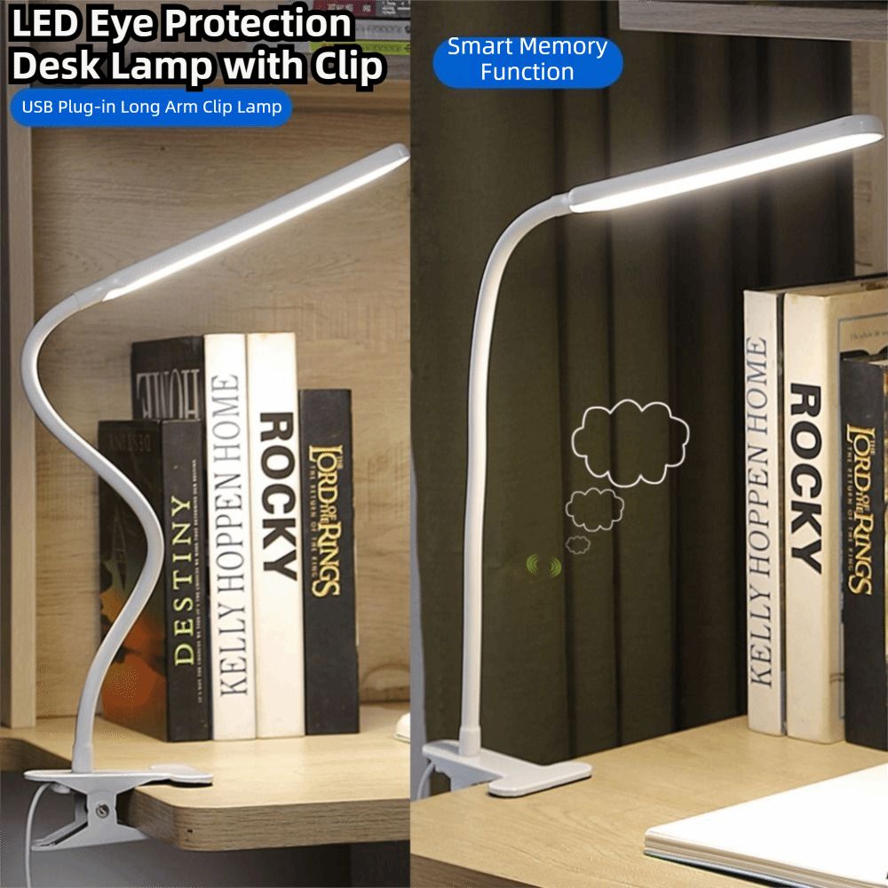 Verstelbare led-bureaulamp met klem, 3 kleuren licht, 10 helderheidsniveaus, leeslamp met klem, usb-voeding, dimbare helderheid.