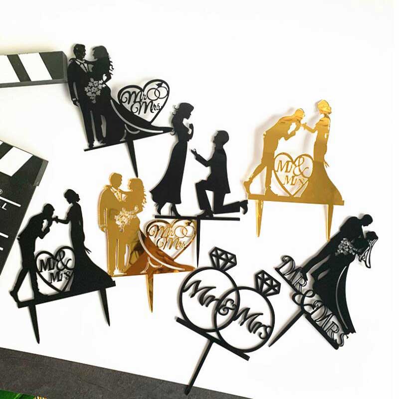 Wedding Cake Topper Acrylic Cupcake Topper Bride Groom Mr Mrs Wedding Decorations Mariage Anniversary Party Cake Top Flag Decor
