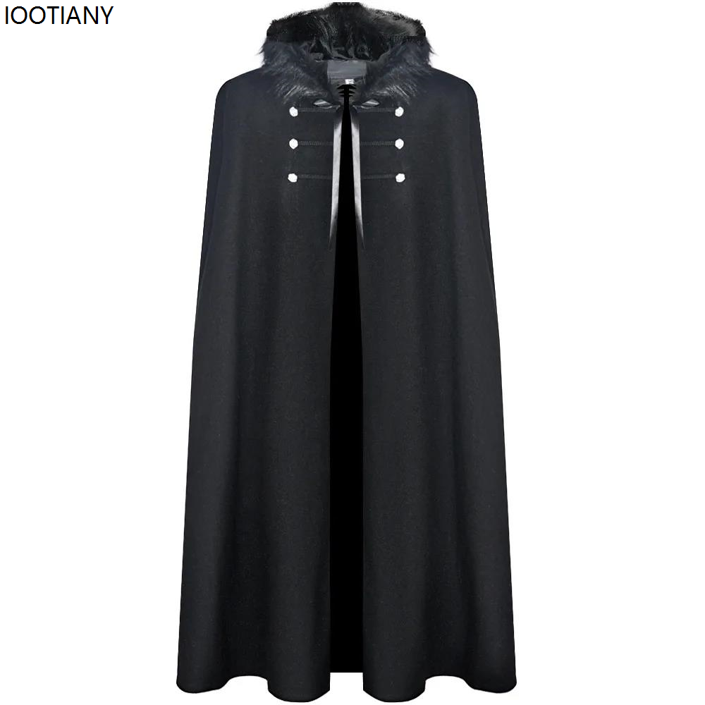 Medieval King General Cosplay Capes Halloween Festival Party Viking Hooded Fur Collar Cloak Vintage Solid Colour Steampunk Coats: black