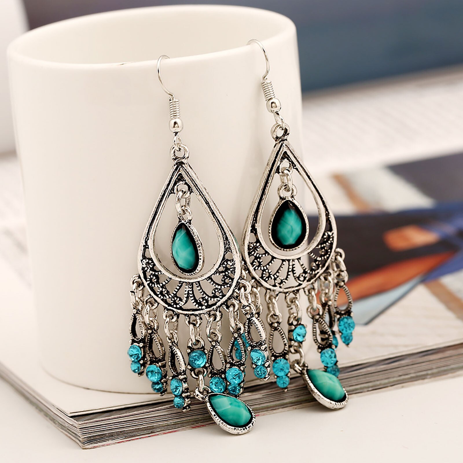 Pendientes de borla con piedra preciosa en forma de gota para mujer, aretes, estilo bohemio, Vintage, tallado, para ,
