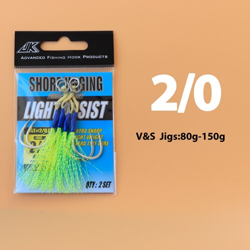 JK Fishing Hooks Sea Glow 1/0 2/0 3/0 4/0 Fish Assist Hook Twins Double Fishery Fishhooks Jig Slow Feather for Fishing Attract: LAT- 2 l 0