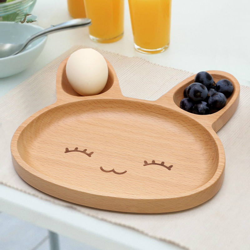 Wooden Divisions Compartment Plate Safe Healthy Cartoon Kids Tableware Rice Tray Breakfast Dinner Environmental