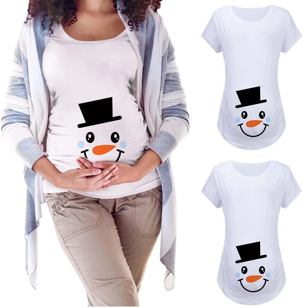 Vêtements de maternité manches courtes noël bonhomme de neige imprimer col rond grande taille grossesse chemise allaitement vêtements Ropa Embarazada