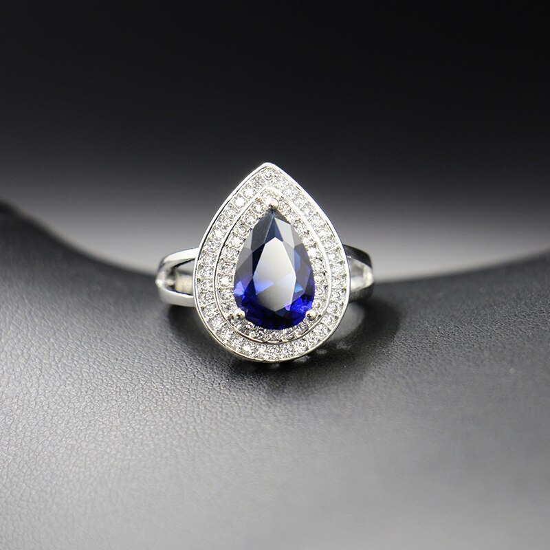 Huisept Mode Zilveren 925 Sieraden Set Waterdruppel Sapphire Edelstenen Zirkoon Ring Oorbellen Ketting Armband Voor Vrouwelijke Bruiloft