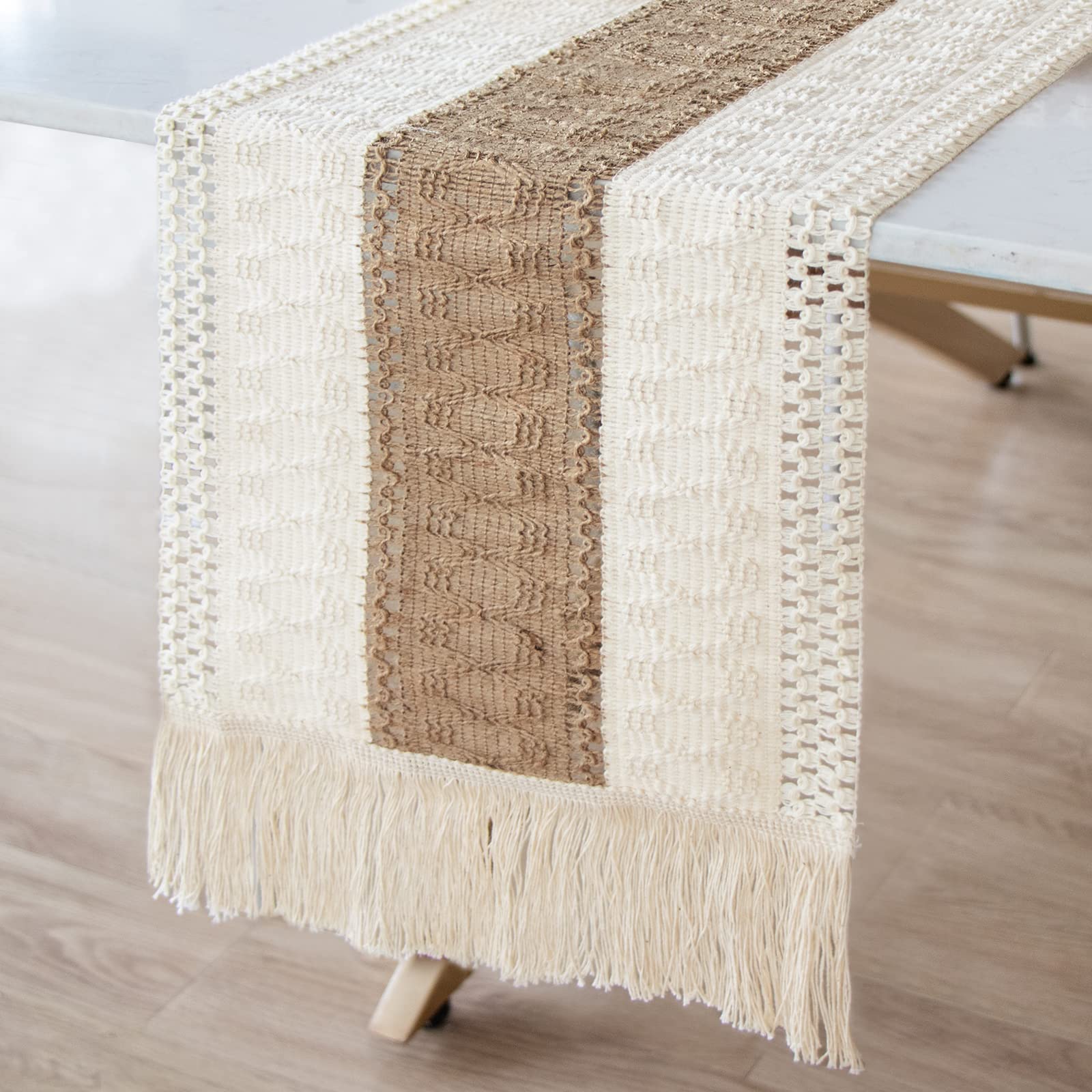 Camino de mesa de arpillera empalmado estilo granja, camino de mesa bohemio decoración moderna de granja encaje de ganchillo de algodón tejido rústico