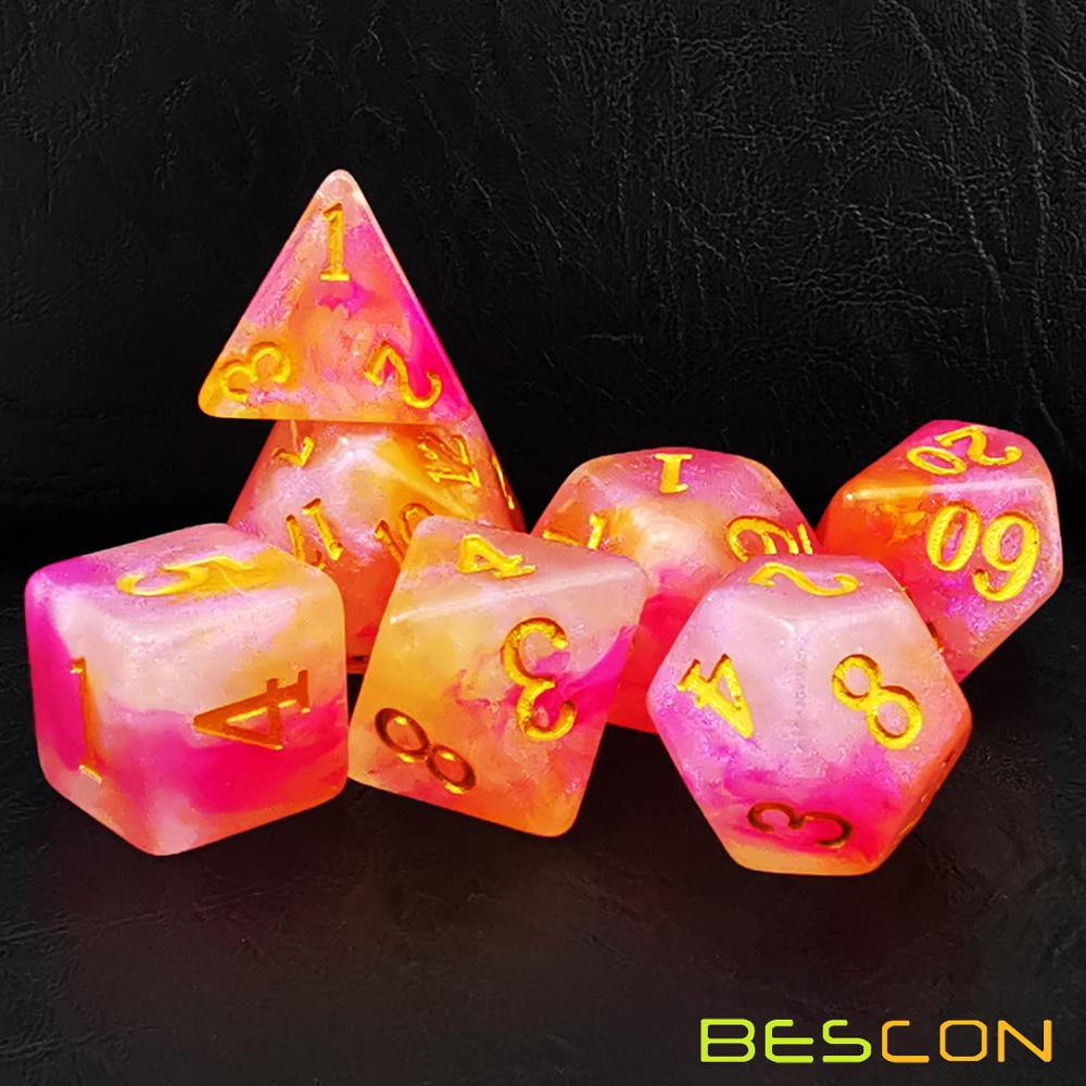 Bescon Magical Stone Dice Set Series, 7pcs Polyhedral RPG Dice Set Fairy Spirit, RoseQuartz, Gold Ore, Dragon Eyes: RoseQuartz Bulk