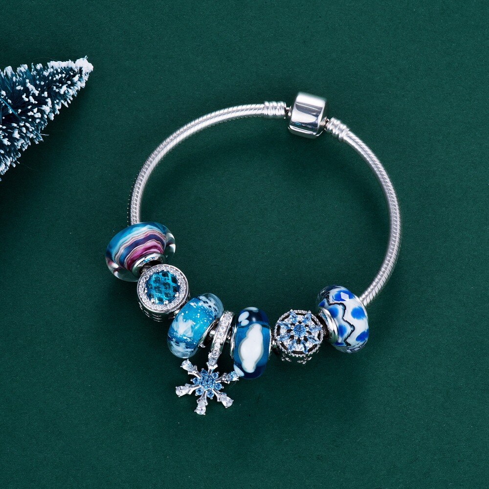 Video! Winter Blues Glas Bedels 925 Sterling Zilver Fit Armbanden & Bangles Voor Vrouwen Sieraden VDLL004