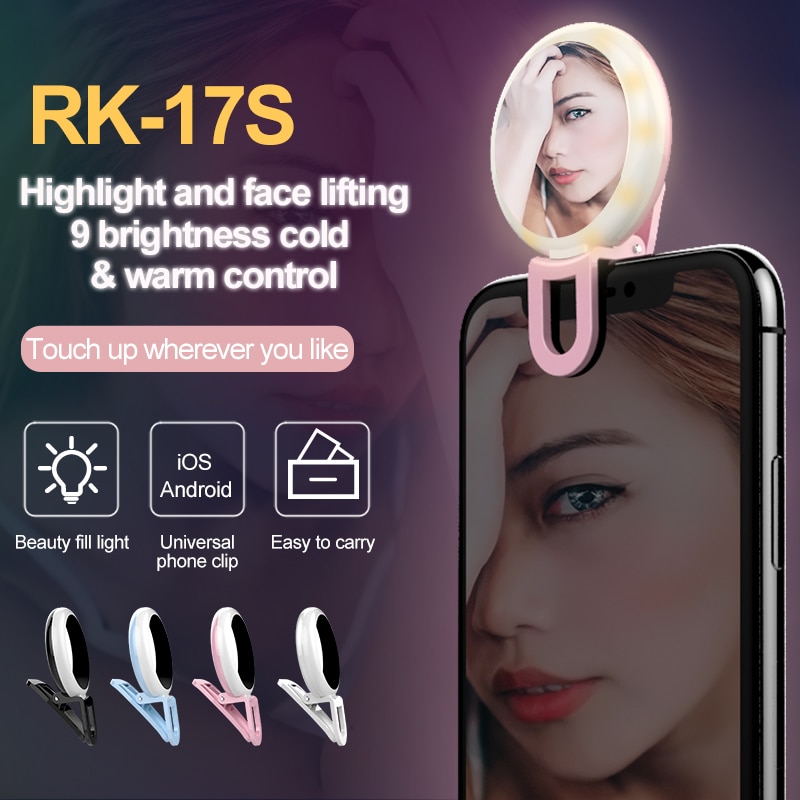 Selfie Ringlicht - RK17S Mini LED Blitz - 20 Birnen - 9 Helligkeitsstufen - Schminkspiegel - USB Betrieben für Handys