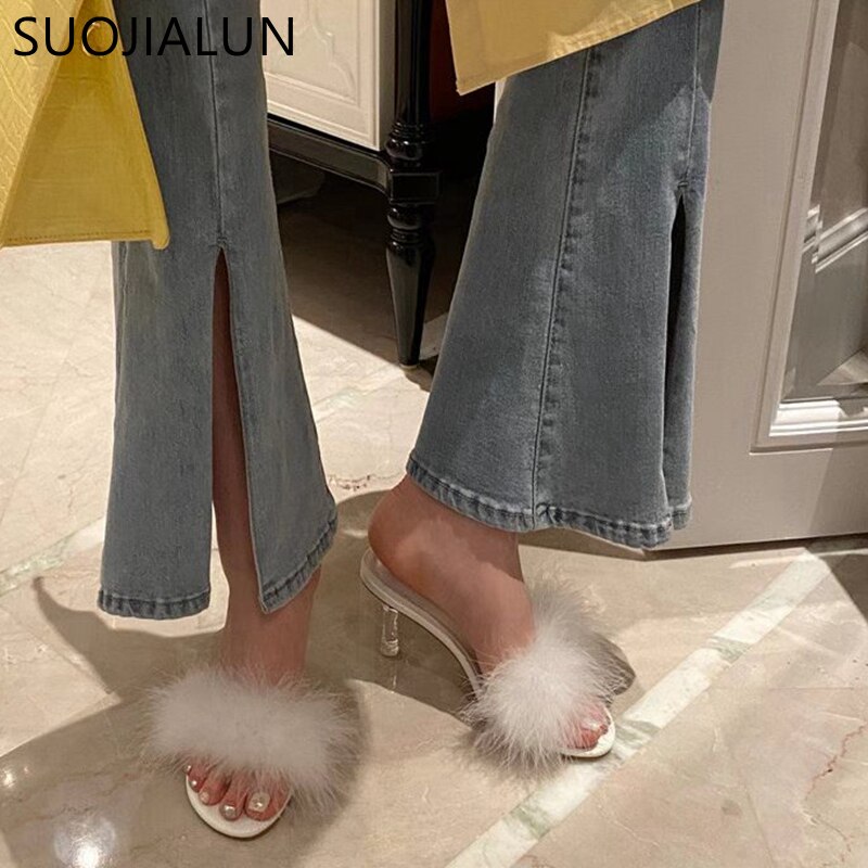 Suojialun kvinnor lurviga tofflor strutshår fluffig sandal dam tunn högklackat plysch slides varma tofflor sho
