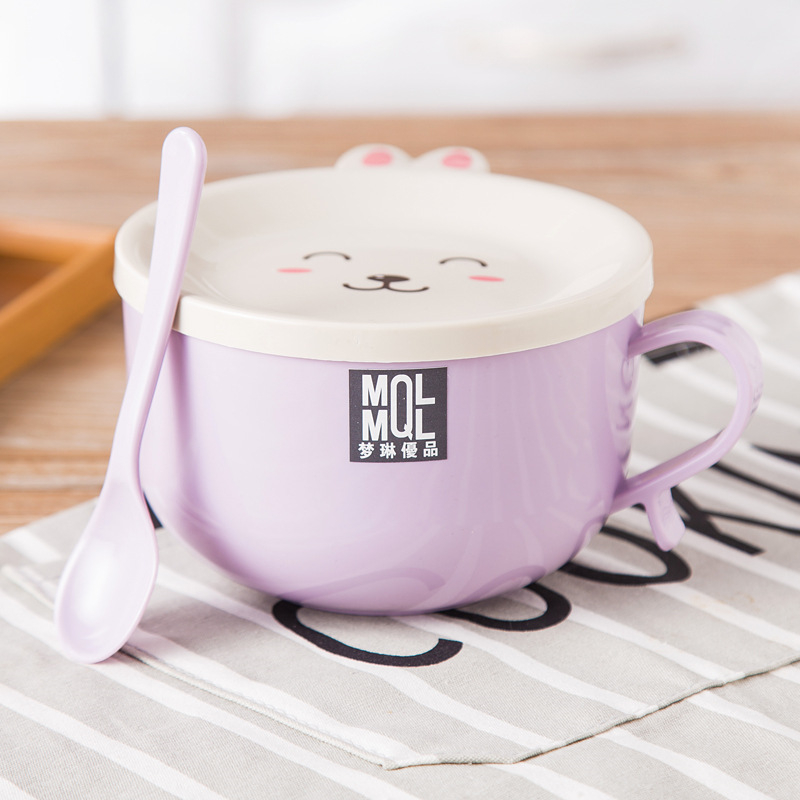 Stainless Steel Double Layer with Lid and Spoon Bowl Set Noodle Bowl Instant Noodle Bowl Anti-scalding Cute Rabbit Cutlery Set: Red
