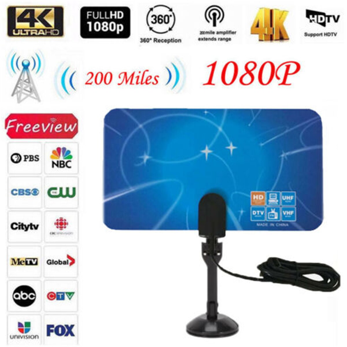 300 Mijl Digitale Antenne Clear Indoor TV Gratis HD 1080 P Signaal Versterker Booster