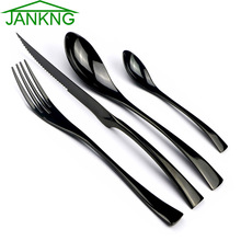 Jankng 4-Pcs 18/10 Roestvrij Staal Bestek Set Zwart Servies Steak Mes Vork Lepel Theelepel Bestek Eten Servies