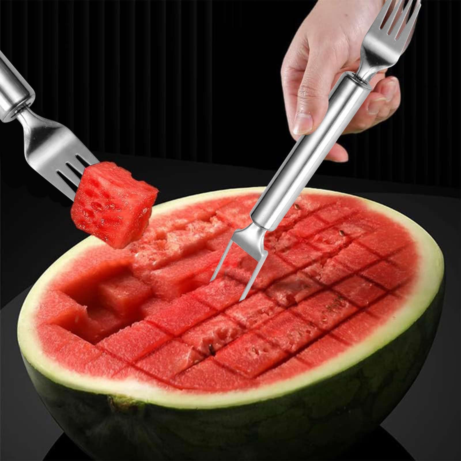2025 Watermeloen Slicer Tool Rvs Fruit Cutter Dual Head Watermeloen Vork Meloen Cutter Keuken Gadgets