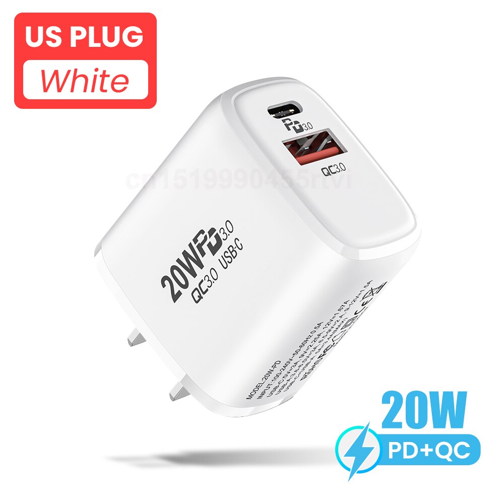 20W USB Type C Fast Charger For iPhone 13 12 Pro Quick Charge 4.0 QC3.0 PD USB Type C Fast Charging Travel Wall Charger EU/US: Dual Port US