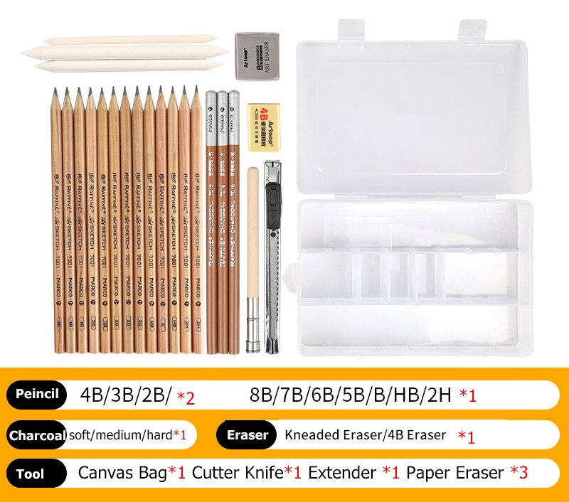 Marco Sketch Pencil Set Sketching Drawing Kit Wood Pencil Pencil Bags For Painter School Students Art Supplies: plastic box set