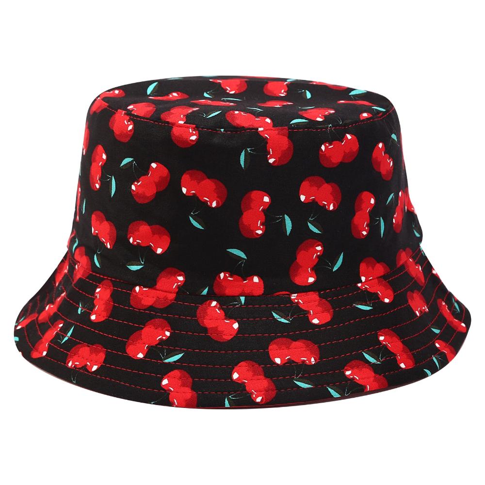Summer Foldable Bucket Hat Cute Fruit pattern Hip Hop Wide Brim Beach UV Protection Round Top Sunscreen Fisherman Cap: Red