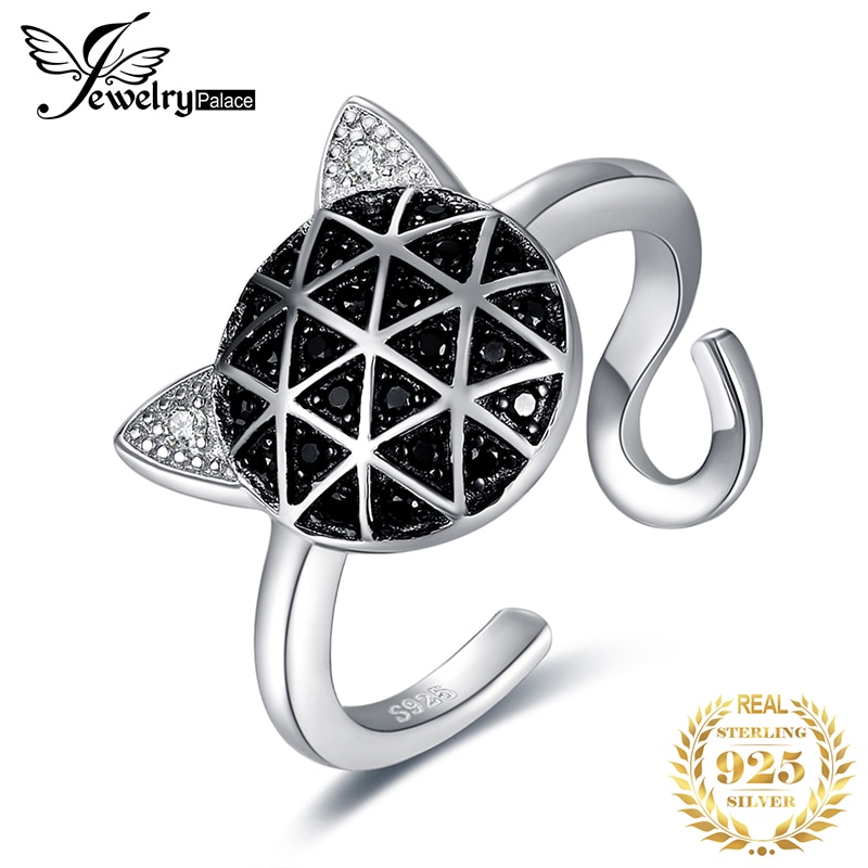 JewelryPalace Kattengezicht Ring - 925 Sterling Zilver - Zwarte Spinel Zirkonia - Verstelbare Open Ring