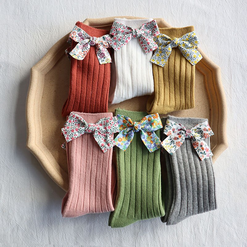 Autumn and Winter Products Soft Children's Socks Striped Floral Bow Socks Plain Medium-Long Stockings Baby Socks