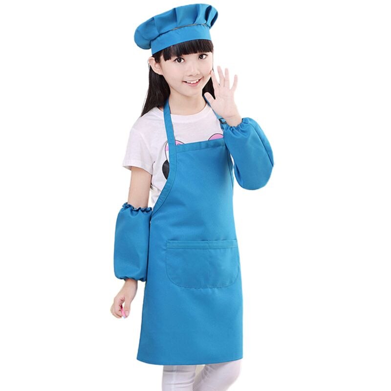 3Pcs/Set Kids Chef Hat Apron Sleeve Covers Set Boys Girls Adjustable Kitchen Bib with 2 Large Pockets for Cooking Baking Wear